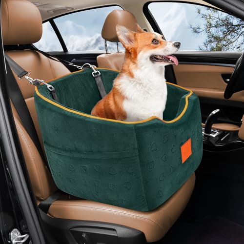 XIEEAOZEE Dog Car Seat for Small Dogs, Memory Foam Booster Dog Seat for Dogs up to 35 lbs, Elevated Pet Car Seat, Travel Safety Pet Seat with Washable Removable Cover, Storage Pockets (Green) - color: Green