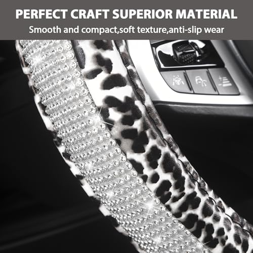 AUTOYOUTH Leopard Print Steering Wheel Cover - Bling Crystal Rhinestones Cheetah Print on PVC Leather Non-Slip Breathable Design for Women/Girls Universal Fit 14.5-15 Inch - White - color: WHITE