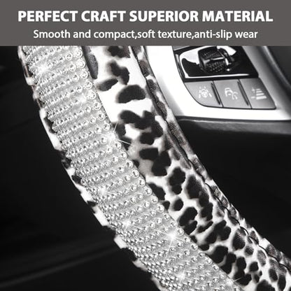 AUTOYOUTH Leopard Print Steering Wheel Cover - Bling Crystal Rhinestones Cheetah Print on PVC Leather Non-Slip Breathable Design for Women/Girls Universal Fit 14.5-15 Inch - White - color: WHITE