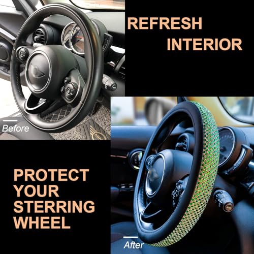 Large Size Bling Comfy Steering Wheel Cover with Jumbo Crystal Rhinestones, Anti-Slip Diamond Leather, 15.5-15.75 Inch (Vivid Green) - color: 910.Vivid Green, size: Large Size[15 1/2''-15 3/4'']