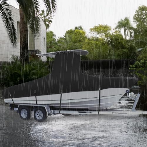 Marine Grade Waterproof Center Console Boat Cover with T Top Roof, Tear Resistant Trailerable Storage Covers, All-Weather Protection T-Top Boat Cover 26-28 ft, Beam Width Up to 116", Black - color: Black, size: 26'-28'Long (Beam width up to 116'')