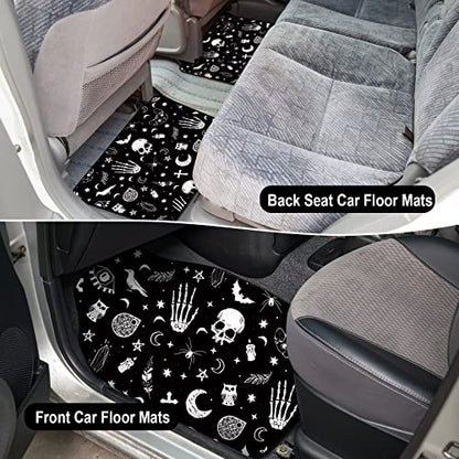 Tallew 26 Pieces Skeleton Cat Moon and Stars Car Seat Cover Full Set for Women Men Rubber Steering Wheel Cover License Plate Frame Mirror Covers Moon and Stars Car Accessories for SUV Truck(Skeleton)