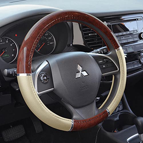 BDK Dark Wood Grain Car Steering Wheel Cover, Standard 15 inch with Beige Faux Leather Grip, Made to Fit Most Auto Truck Van SUV - color: #1-Beige / Dark Wood, size: Fits 14.5 - 15" SW