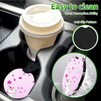 Universal Auto Center Console Pad and 2Pcs Car Coasters Set, Anti Slip Soft Neoprene Car Armrest Seat Box Cover Protector for Most Vehicle - Car Interior Accessories, Pink Flower Cat