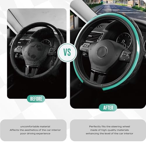 Road Comforts Leather Steering Wheel Cover – Black & Green Universal Fit 14.5-15 Inch, Microfiber Leather, Anti-Slip & Breathable Design for Men and Women - color: Green