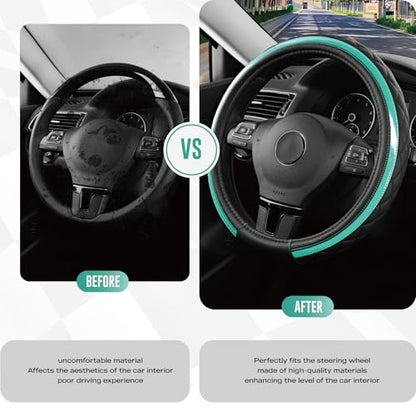 Road Comforts Leather Steering Wheel Cover – Black & Green Universal Fit 14.5-15 Inch, Microfiber Leather, Anti-Slip & Breathable Design for Men and Women - color: Green