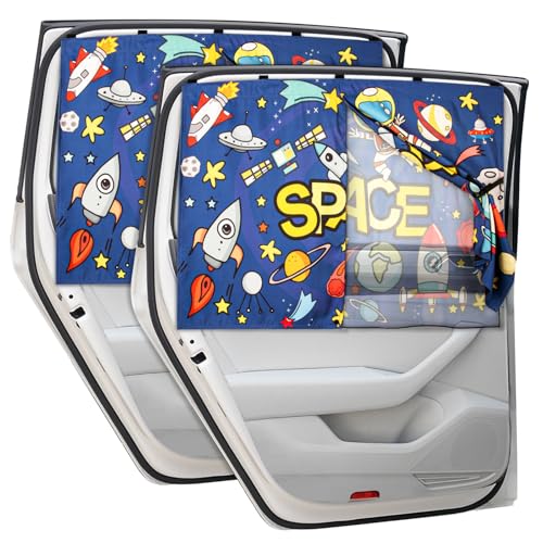 Car Sun Shade Side Window, 2pcs Magnetic Double Layer Car Window Shades for Privacy Full Covers/Half Shade Options Cute Space Pattern Side Window Curtains for Kids - color: Blue Space
