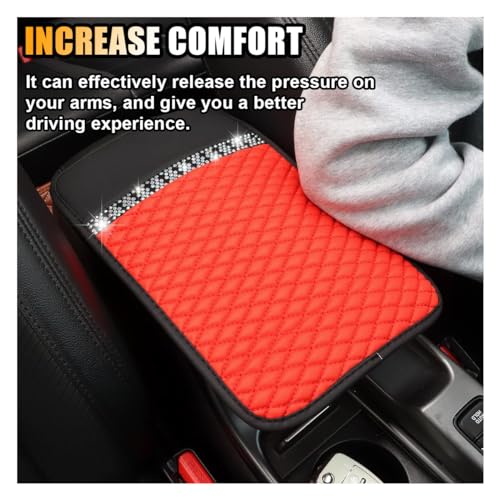 Bling Leather Car Armrest Seat Box Cover, Car Console Armrest Cover with Crystal Rhinestones, Anti-Scratch Waterproof Auto Center Console Protector Cushion Pad for Car SUV Truck (Red) - color: Red