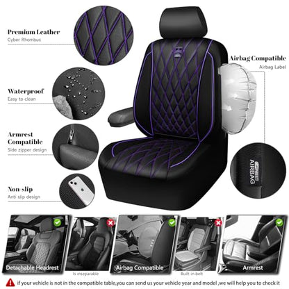CAR PASS Piping Luxury Faux Leather Two Front Car Seat Covers, Waterproof Anti Slip Premium Automotive Seat Covers,Universal Fit for Suvs,Vans,Trucks, Armrest Airbag Compatible (Black and Purple) - color: Black and Purple, size: Two Front