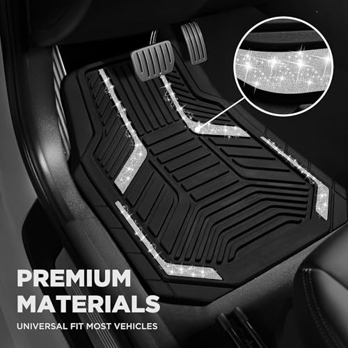 PIC AUTO Car Floor Mats, Silver Sparkly Crystal Bling Glitter Car Mats Set, Front and Rear Heavy Duty Rubber Car Mats with Anti-Slip Backing, All Weather, Trim-to-Fit for SUVs, Trucks, Sedan, Vans - color: Sliver Glitter