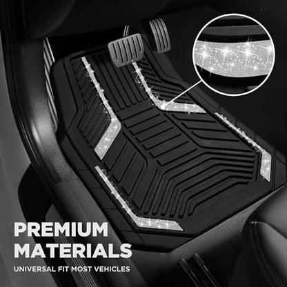 PIC AUTO Car Floor Mats, Silver Sparkly Crystal Bling Glitter Car Mats Set, Front and Rear Heavy Duty Rubber Car Mats with Anti-Slip Backing, All Weather, Trim-to-Fit for SUVs, Trucks, Sedan, Vans - color: Sliver Glitter