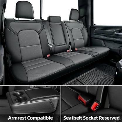 Custom Fit Seat Covers for Ram 1500: 2019 2020 2021 2022 2023 2024 2025 2026 Faux Leather Car Seat Covers Truck Full Set Black+Gray