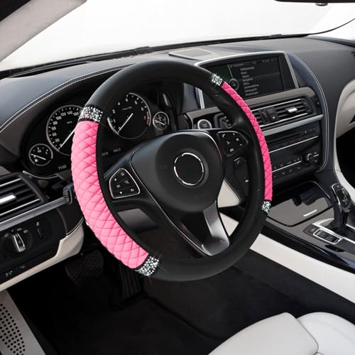 Bling Soft Leather Steering Wheel Cover, Anti-Slip Car Steering Wheel Protector, 15 Inch Rhinestones Soft Leather Elastic Steering Wheel Protector for Women Girls, Car Accessories for Most Cars - color: Pink, size: Rhinestones