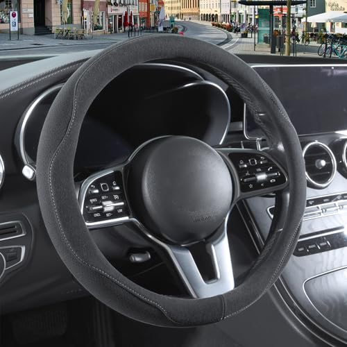 14 inch Gray Suede Steering Wheel Cover, Breathable Non-Slip Sweat-Proof Wear-Resistant No Pilling, Warm in Winter and Cool in Summer - color: Gray, size: Round-S[13.5''-14'']