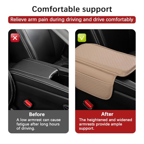 Car Center Console Cover, Leather Non Slip Vehicle Armrest Storage Box Cushion Pad with Storage Bags, Automotive Middle Console Protector, Universal for SUV RV Truck (Beige)