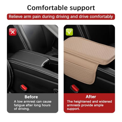 Car Center Console Cover, Leather Non Slip Vehicle Armrest Storage Box Cushion Pad with Storage Bags, Automotive Middle Console Protector, Universal for SUV RV Truck (Beige)