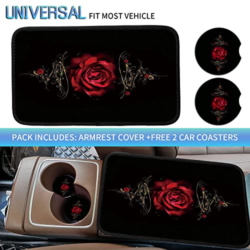 Auto Center Console Cover Pad+ 2 Coasters, Stylish Pattern Soft Car Armrest Cover Auto Center Console Pad, Car Decorative Accessory Universal Fit for Most Car/SUV/Truck, Red Rose