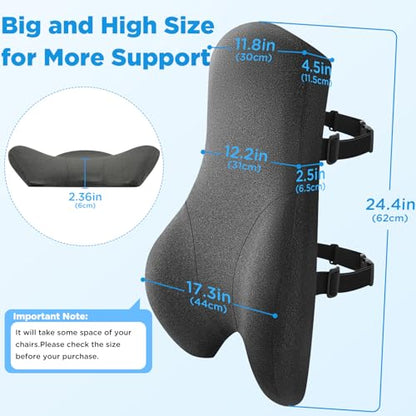 Teemour High Back Support Pillow for Office Chair, Fully Support Back Cushion - Memory Foam Lumbar Support Pillow for Office Chair, Desk, Gaming Chair, Promotes Posture Pain Relief Adjustable Straps - size: Long Back
