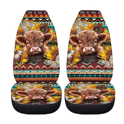 Highland Cattle Car Seat Covers for Women 2 Piece Vehicle Bucket Seat Covers Butterfly Sunflower Print High Back Breathable Front Seats Covers Auto Accessories - color: Highland Cattle Butterfly Sunflower