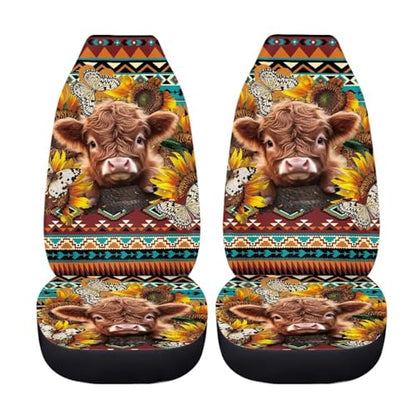 Highland Cattle Car Seat Covers for Women 2 Piece Vehicle Bucket Seat Covers Butterfly Sunflower Print High Back Breathable Front Seats Covers Auto Accessories - color: Highland Cattle Butterfly Sunflower