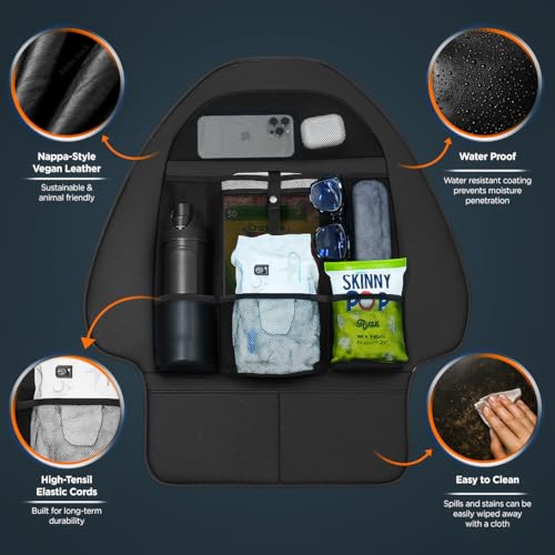 Back Seat organizer for Tesla Model 3 / Model Y (Premium Vegan Leather) Custom fit Car Seat Back Protector with Storage Pockets (Black) - size: 1 Pack