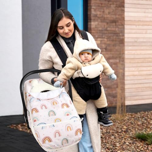 Winter Car Seat Cover Baby Girl Boy, Warm & Windproof Infant Carseat Cover Canopy Protect Baby from Cold Weather, Plush Fleece, Pink Rainbow - color: Pink Rainbow