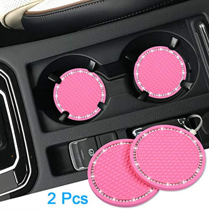 Bling Car Coasters, Wisdompro 2 Pack PVC Car Cup Holder Insert Coaster - Anti Slip Universal Vehicle Interior Accessories Crystal Glitter Cup Mats for Women and Men (2.75" Diameter, Pink) - color: Pink