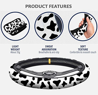 4 Pieces Cow Print Steering Wheel Cover Set with 2PCS Car Cup Coasters & Quarter Keyring, Universal 14.5-15 inches, Fashion Non-Slip Cow Print Steering Wheel Cover - color: Cow Print