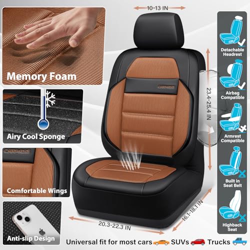 CAR PASS Memory Foam Seat Covers Full Sets, Airy Cool Mesh Thick Car Seat Covers, Leather Car Seat Covers 5 Seats Airbag Compatible, Universal Automotive Comfort for Most Cars, Trucks, SUV, Brown - color: brown