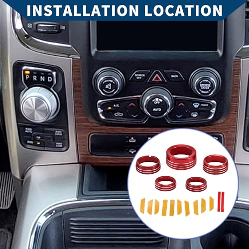 AC Air Conditioner Gear Shift Headlight Media Control Switch Knob Cover for Dodge for RAM 13-17 / Interior Trim/Stylish Aluminum Alloy / 5 Pcs Red - color: Red
