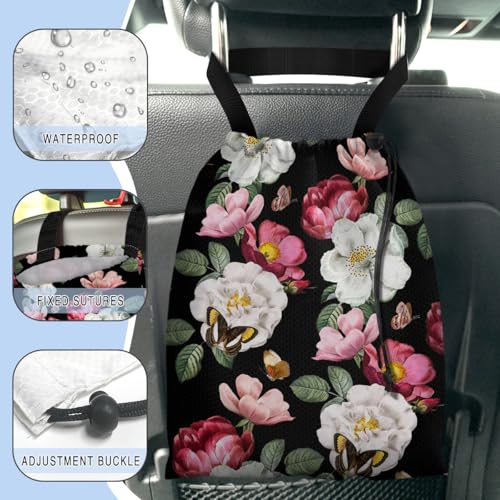 Car Trash Bag Hanging Back of Seat Waterproof Small Cute Printed One-handed Strap Drawstring Garbage Bags for Car-Black Floral - color: Black Floral Car Trash Bag