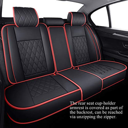 5 Car Seat Covers Full Set Waterproof Leather Universal Cushions Split Bench Compatible with Toyota Camry Kia Nissan Chevy Malibu CRV Focus Fusion Jeep Wrangler Cherokee (Full Set, Black-Red ) - color: Full Set/Black-Red
