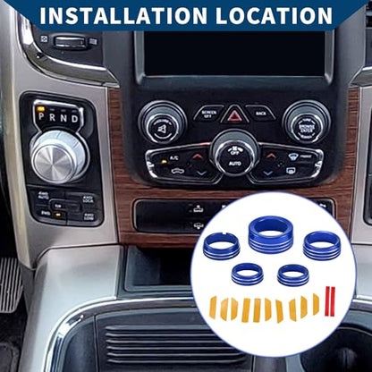 AC Air Conditioner Gear Shift Headlight Media Control Switch Knob Cover for Dodge for RAM 13-17 / Interior Trim/Stylish Aluminum Alloy / 5 Pcs Blue - color: Blue