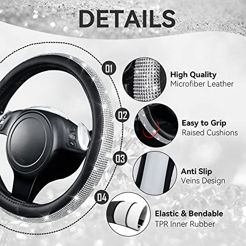 CAR PASS Bling Diamond Leather Steering Wheel Cover, with Bling Sparkly Crystal Glitter Rhinestones Universal Fit 14.5in-15in Car Wheel Protector for Women Girl Fit Suvs,Vans,Sedans,Car,Trucks, Silver - color: Silver Diamond
