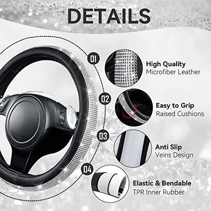 CAR PASS Bling Diamond Leather Steering Wheel Cover, with Bling Sparkly Crystal Glitter Rhinestones Universal Fit 14.5in-15in Car Wheel Protector for Women Girl Fit Suvs,Vans,Sedans,Car,Trucks, Silver - color: Silver Diamond