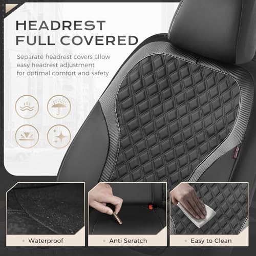 Coverado Seat Covers Full Set, Luxury Leather Car Seat Cover with Carbon Fiber Accents Design, Spill-Proof Durable Black Automotive Seat Covers, Front and Rear Seat Protectors Universal Fit Most Cars - color: Black, size: Full set