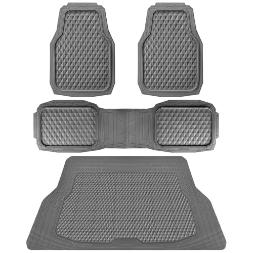 CAR PASS Heavy Duty Rubber Gray Car Floor Mats & Cargo Liners, Deep Dish All-Weather Trunk Mats Durable Anti-Slip 3D Rhombus Waterproof Trim to Fit Liner Universal Fit Auto,Sedan,SUV,Truck, Gray - color: gray with cargo liner