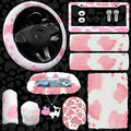 JINGSEN11 Pieces Fluffy Car Accessories Set,Fluffy Cow Print Plush Steering Wheel Covers for Women Soft Fleece Handbrake Cover Shift Cover Car Trim Warm Non-Slip(Pink)