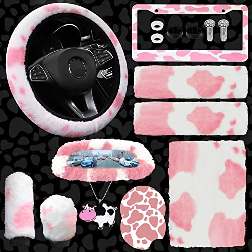 JINGSEN11 Pieces Fluffy Car Accessories Set,Fluffy Cow Print Plush Steering Wheel Covers for Women Soft Fleece Handbrake Cover Shift Cover Car Trim Warm Non-Slip(Pink)