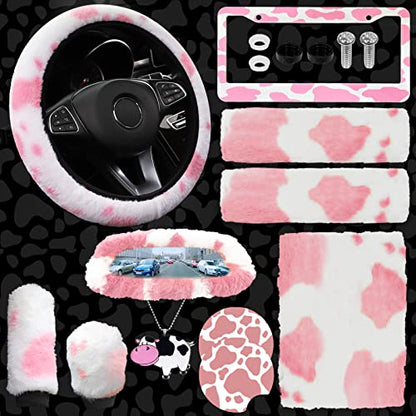 JINGSEN11 Pieces Fluffy Car Accessories Set,Fluffy Cow Print Plush Steering Wheel Covers for Women Soft Fleece Handbrake Cover Shift Cover Car Trim Warm Non-Slip(Pink) - size: pink