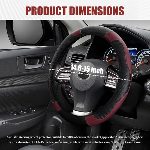 Car Steering Wheel Cover, Steering Wheel Protector, Universal 14.5-15 Inch Microfiber Leather Breathable Auto Steering Wheel Covers, Carbon Fiber Steering Wheel Cover for Women Men (Wine) - color: Wine red