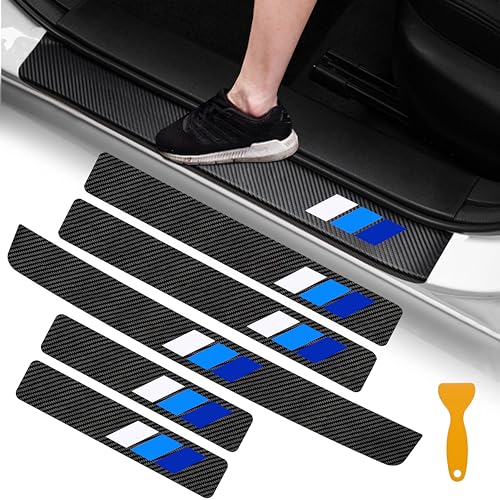 YOSRTER 5PCS Door Sill Guard Stickers Fit for Toyota Accessories Tacoma 4Runner Tundra TRD Rav4 Highlander Tri-Color Fiber Leather Door Sill Protector (White/Blue/Dark Blue) - color: White/Bule/Dark Bule