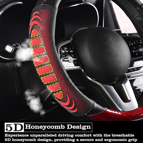 5D Honeycomb Black Red Car Steering Wheel Cover,14.5-15 Inch Universal Carbon Fibre Leather Covers Breathable Anti-Slip Odorless Steering Wheels Accessories for Men Women - color: 5D Honeycomb - Black Red