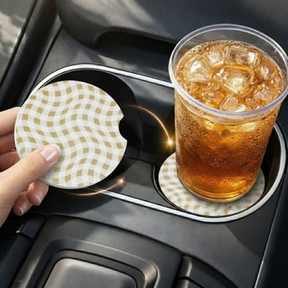Ceramic Car Coasters, 2 Pack, 2.64" Absorbent Car Cup Holder Coasters, Cute Ceramic Car Coasters for Women, Brown Checkered Pattern - color: Brown2 Checkered