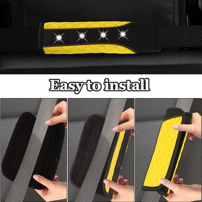 Hovom 2PCS Bling Car Seat Belt Cover Pad, Leather Seatbelt Covers for Cars, Soft Safety Seatbelt Shoulder Strap Covers, Rhinestone Auto Seat Belt Protector Cushion for Women Girls (Yellow) - color: Yellow