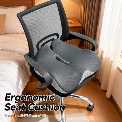 18x16 Inch Grey and Black Memory Foam Seat Cushion for Office Chair, Car Seat and Travel, Contoured Chair Pad with Removable Cover, Non-Slip Bottom and Carry Handle - color: Mesh
