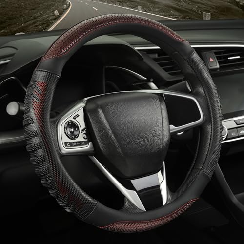 3D Steering Wheel Cover Great Grip with 3D Honeycomb Hole, Anti-Slip Sporty Design, Large 16 inch for F150 F250 F350 Model S X Ram 4Runner Tacoma Tundra Range Rover(Black with Burgundy) - color: Black with Burgundy, size: Round-Large[15.5''-16'']