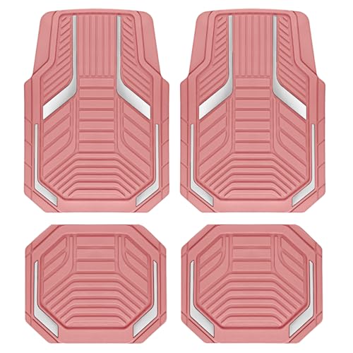 PIC AUTO Heavy Duty Pink Rubber Floor Mats, Silver Aluminum Film Car Mats Set, Front and Rear Car Mats with Anti-Slip Backing, All Weather Protection, Trim-to-Fit for Automotive SUV, Sedan, Van - color: All Pink