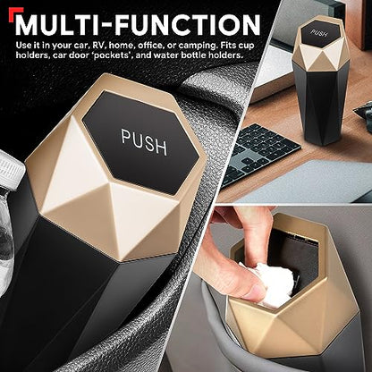 DNA Motoring Mini Car Auto Trash Can with Removable Lid, Leakproof Mini Garbage Bin for Automotive Home Office,Black/Gold,ZTL-OD-01-GD