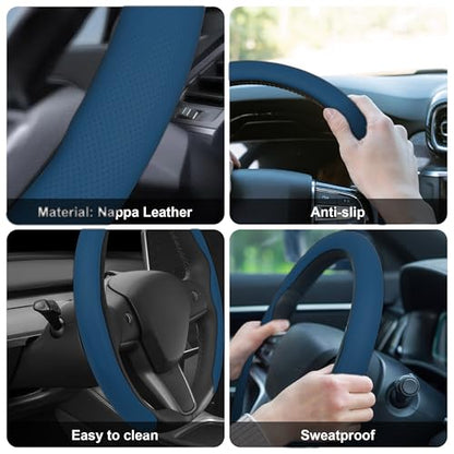 Nappa Leather Steering Wheel Cover,Universal Fit 15 Inch-Premium Non-Slip Breathable Comfort Grip for Cars Trucks SUVs,Anti-Slip Durable Interior Upgrade Navy Blue - color: Navy Blue